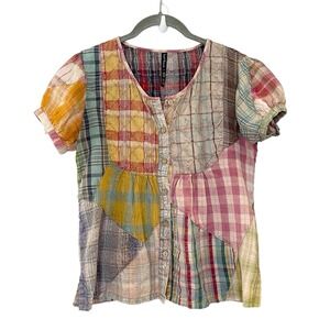 Sacred Threads Shirt Multicolor Blouse Patchwork Boho Art Wear Plaid Cotton S